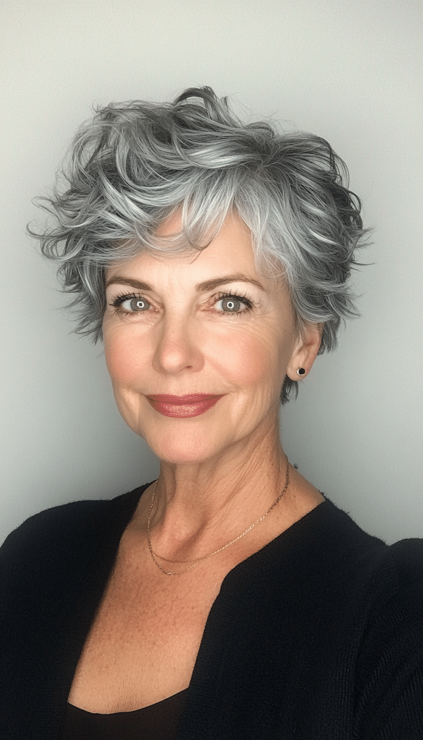 8. Wavy Smoky Gray Pixie (Short Pixie Haircuts For Women Over 60) - Short Pixie Haircuts For Women Over 60