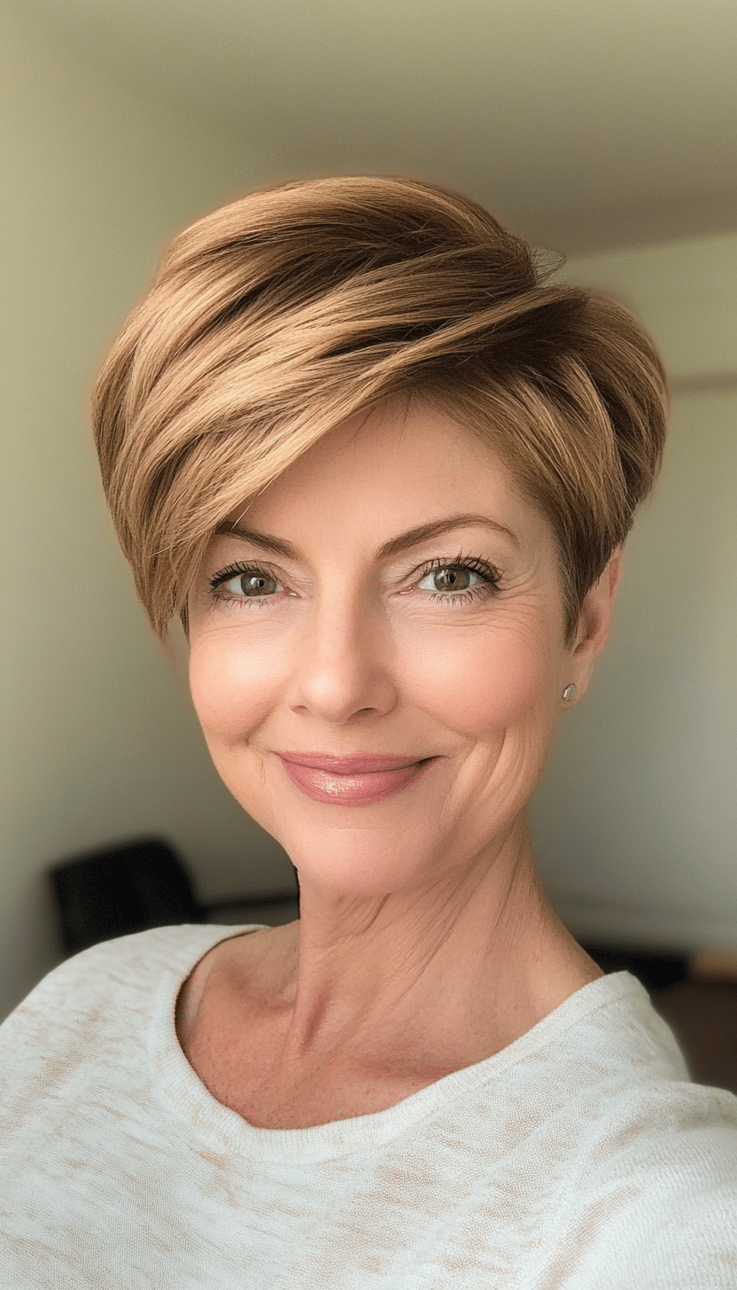 12. Asymmetrical Golden Brown Pixie (Short Pixie Haircuts For Women Over 60) - Short Pixie Haircuts For Women Over 60