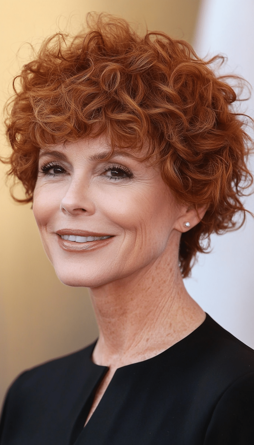 17. Curly Warm Chestnut Pixie (Short Pixie Haircuts For Women Over 60) - Short Pixie Haircuts For Women Over 60