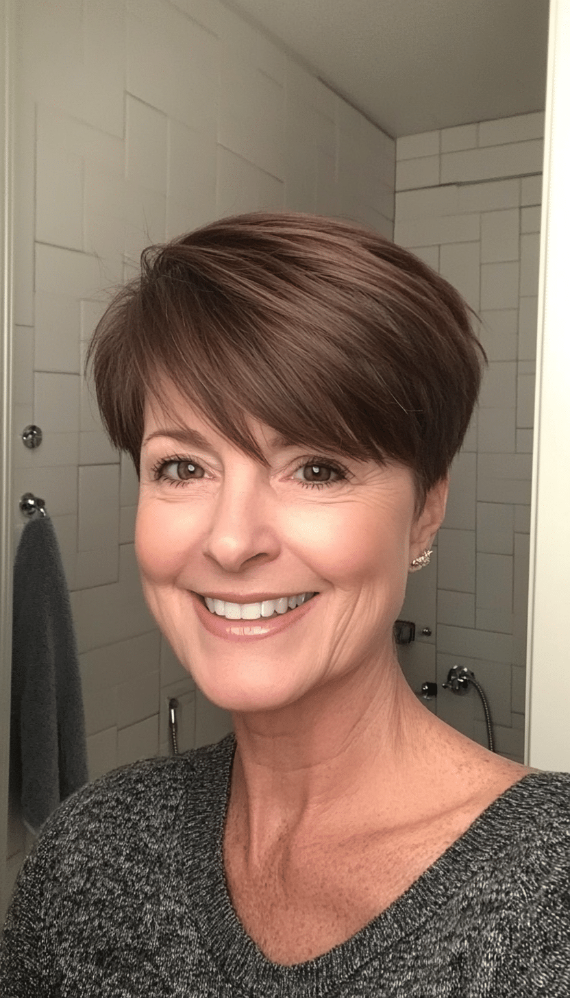 23. Subtle Brunette Pixie with Side Bangs (Short Pixie Haircuts For Women Over 60) - Short Pixie Haircuts For Women Over 60
