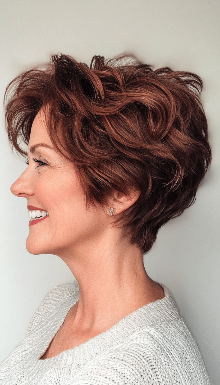 24. Wavy Deep Mahogany Pixie (Short Pixie Haircuts For Women Over 60) - Short Pixie Haircuts For Women Over 60