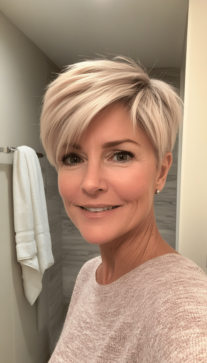 26. Side-Parted Sandy Blonde Pixie (Short Pixie Haircuts For Women Over 60) - Short Pixie Haircuts For Women Over 60