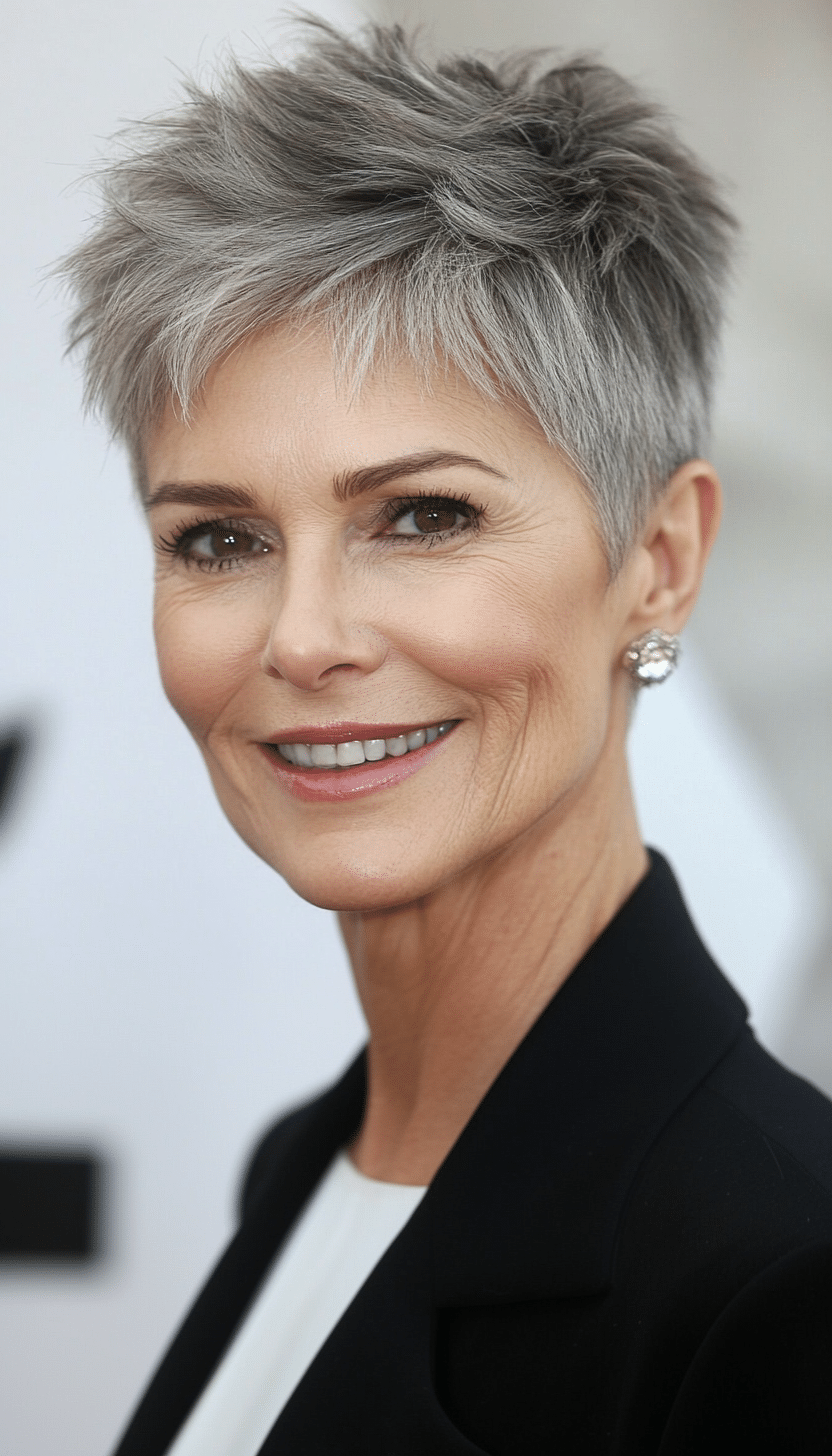 2. Classic Tapered Pixie in Salt and Pepper (Short Pixie Haircuts For Older Women) - Short Pixie Haircuts For Older Women