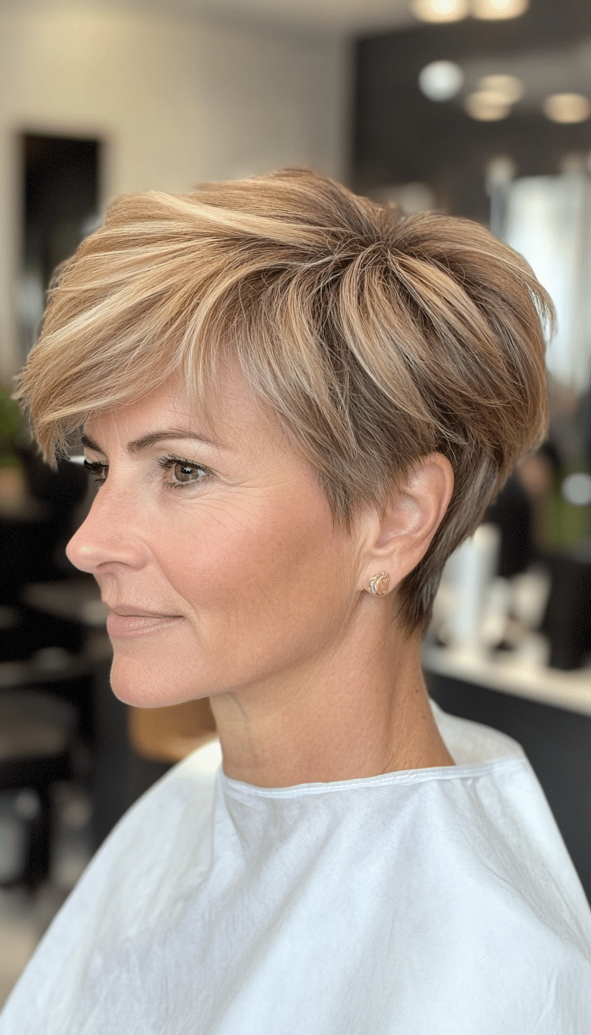 3. Feathered Pixie in Warm Honey Blonde (Short Pixie Haircuts For Older Women) - Short Pixie Haircuts For Older Women