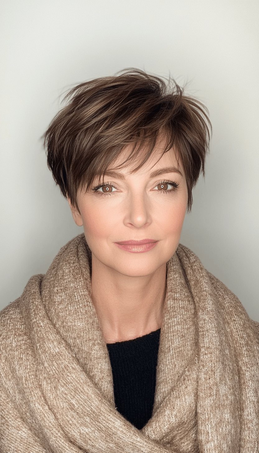 4. Textured Pixie with Side Bangs in Espresso Brown (Short Pixie Haircuts For Older Women) - Short Pixie Haircuts For Older Women