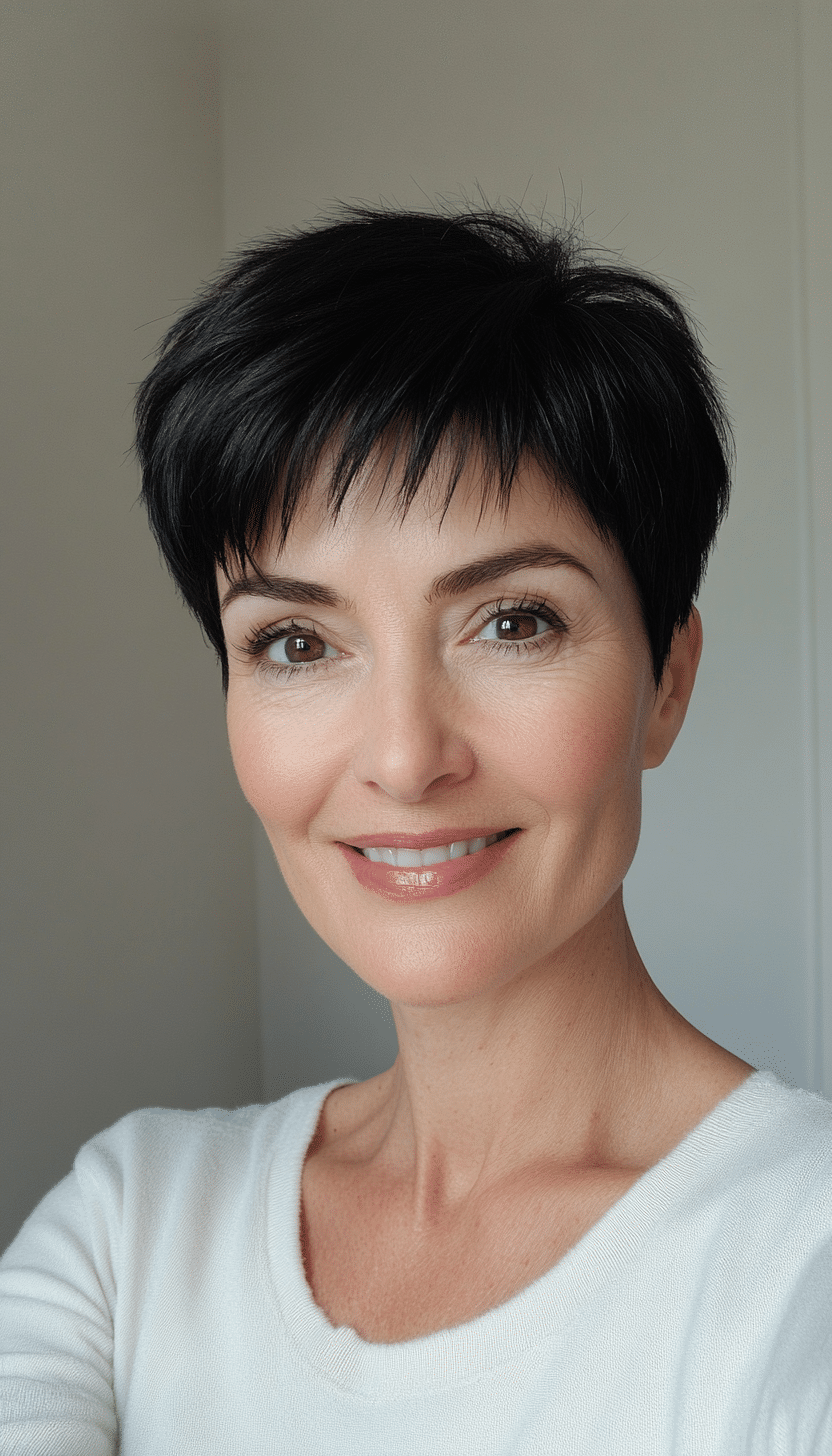 6. Sleek Contoured Pixie in Deep Jet Black (Short Pixie Haircuts For Older Women) - Short Pixie Haircuts For Older Women