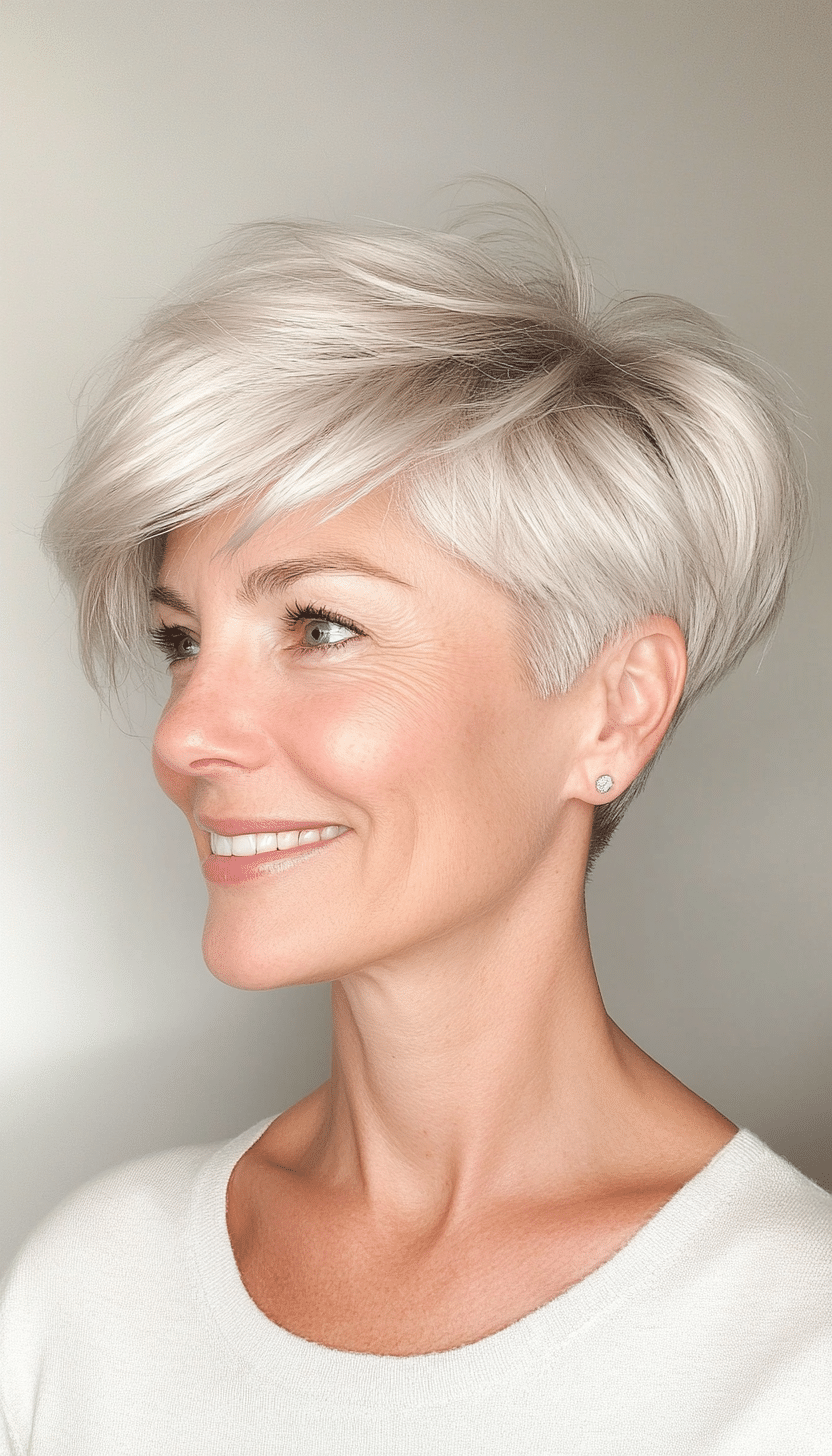 7. Wispy Fringe Pixie in Silver Blonde (Short Pixie Haircuts For Older Women) - Short Pixie Haircuts For Older Women