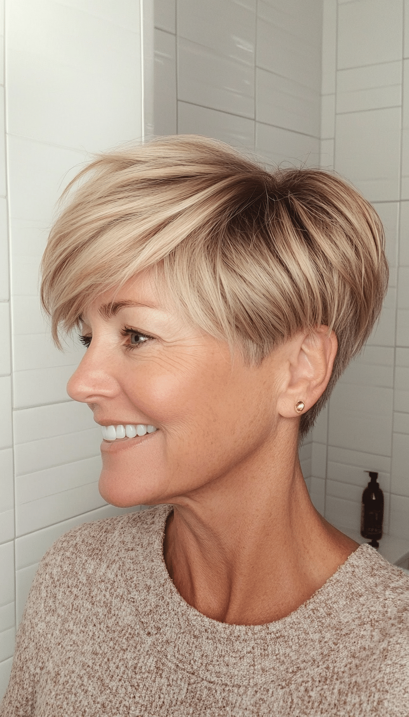 10. Pixie with Long Side Swept Bangs in Sandy Blonde (Short Pixie Haircuts For Older Women) - Short Pixie Haircuts For Older Women