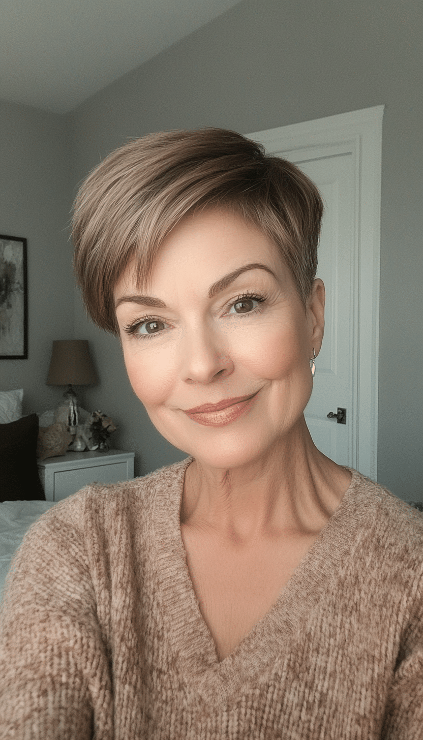 12. Ear-Length Pixie in Natural Light Brown (Short Pixie Haircuts For Older Women) - Short Pixie Haircuts For Older Women