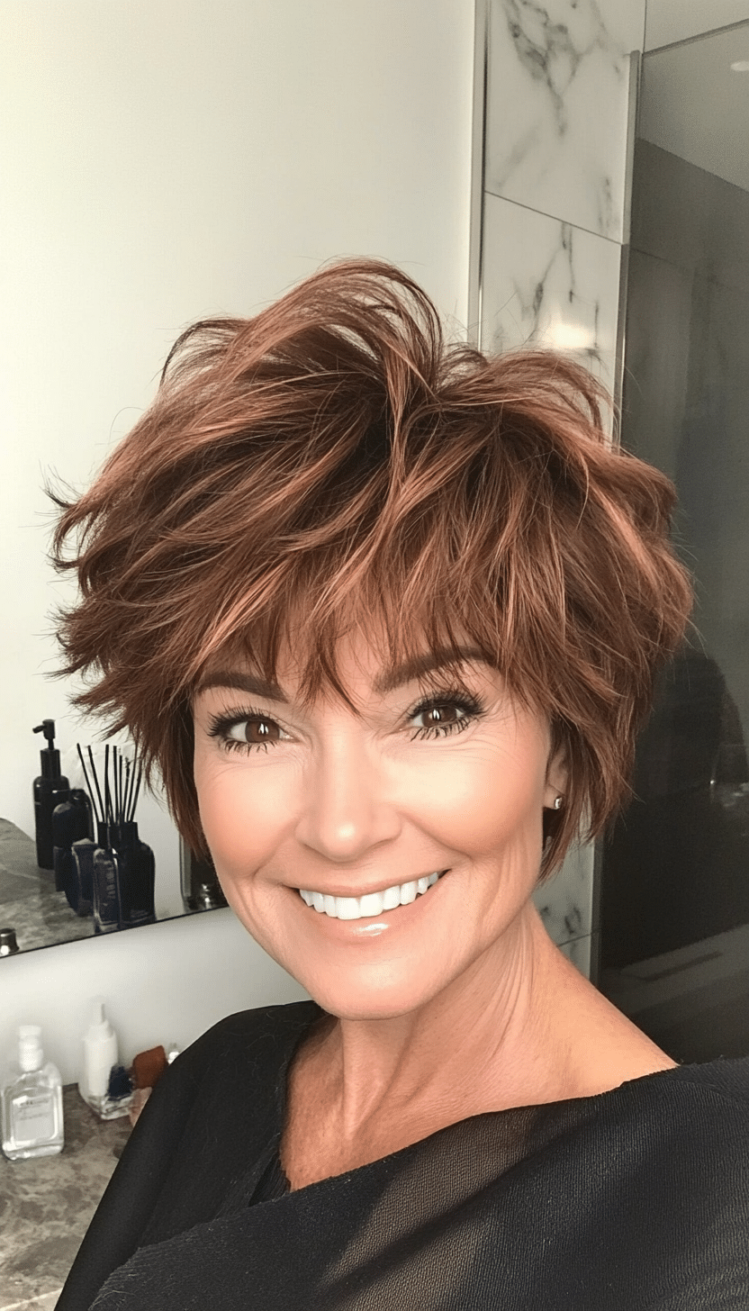 16. Messy Pixie with Volume in Deep Chestnut Brown (Short Pixie Haircuts For Older Women) - Short Pixie Haircuts For Older Women