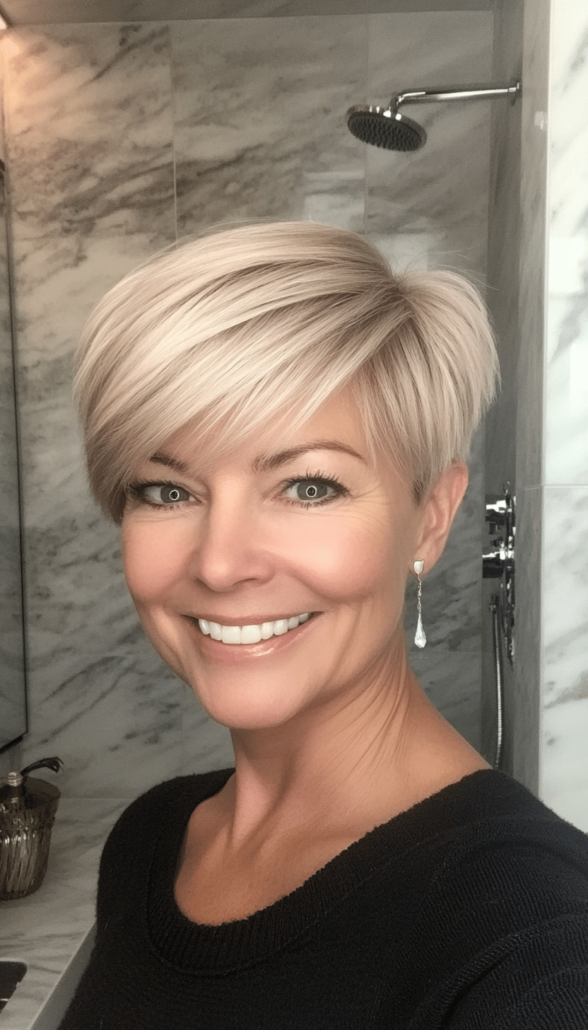 17. Side-Parted Pixie in Natural Beige Blonde (Short Pixie Haircuts For Older Women) - Short Pixie Haircuts For Older Women