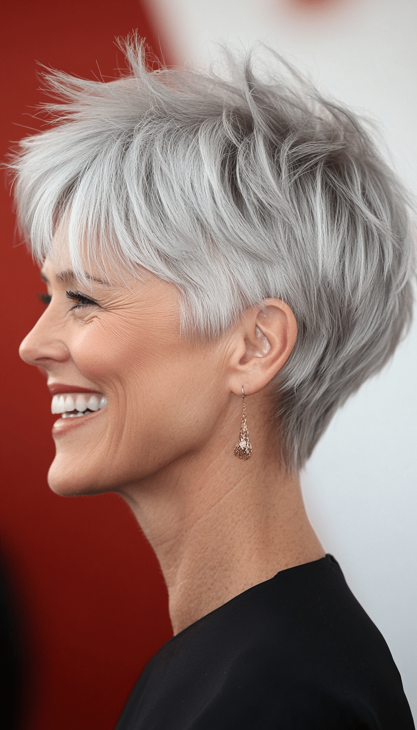 18. Layered Crown Pixie in Icy Silver (Short Pixie Haircuts For Older Women) - Short Pixie Haircuts For Older Women