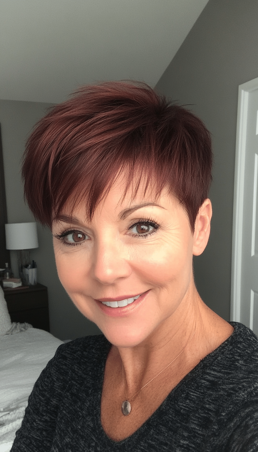 20. Micro Bang Pixie in Deep Mahogany Brown (Short Pixie Haircuts For Older Women) - Short Pixie Haircuts For Older Women