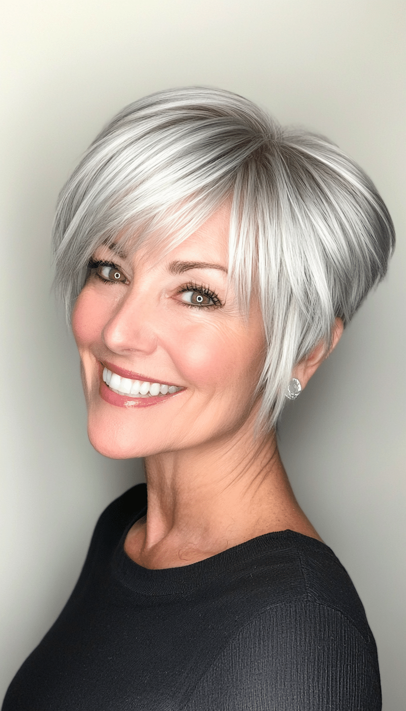 23. Pixie with Layered Bangs in Cool Silver Grey (Short Pixie Haircuts For Older Women) - Short Pixie Haircuts For Older Women
