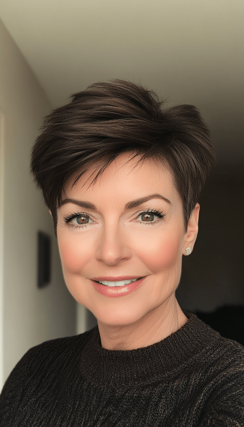 24. Sleek Short Pixie in Dark Mocha Brown (Short Pixie Haircuts For Older Women) - Short Pixie Haircuts For Older Women