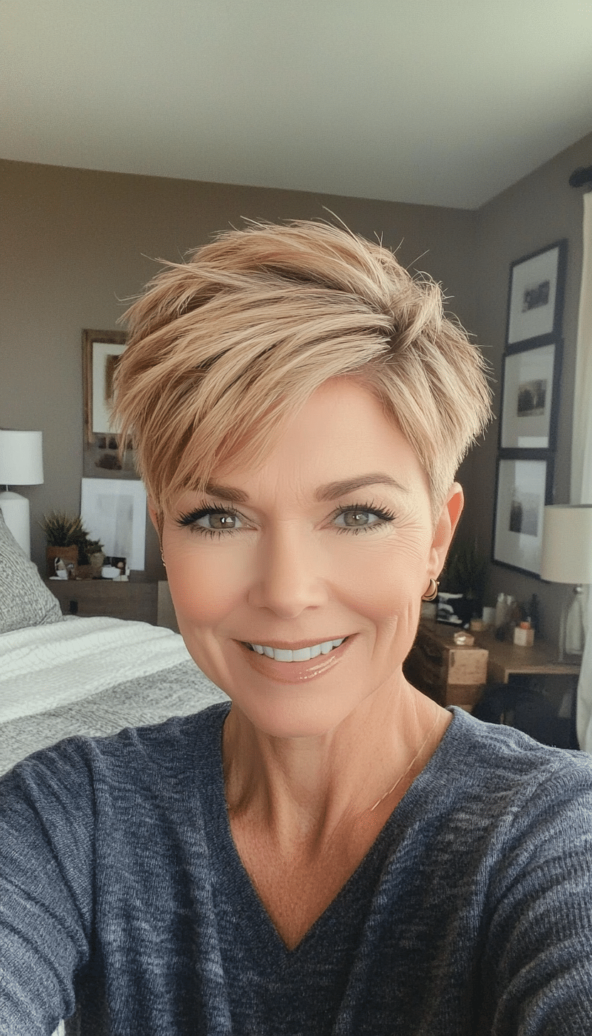 25. Disconnected Pixie in Warm Golden Blonde (Short Pixie Haircuts For Older Women) - Short Pixie Haircuts For Older Women