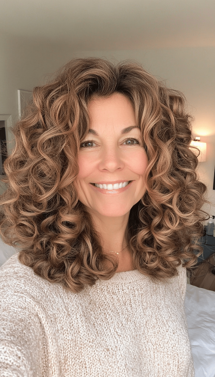 2. Voluminous Shoulder-Length Curls in Warm Honey Brown (Curly Hairstyles For Women Over 50) - Curly Hairstyles For Women Over 50