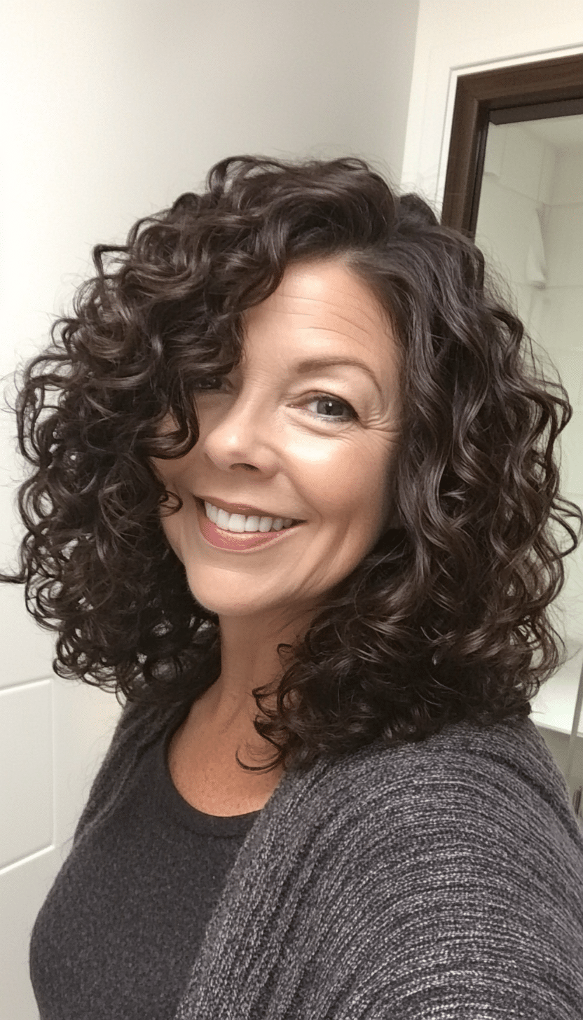 4. Angled Curly Lob in Dark Espresso (Curly Hairstyles For Women Over 50) - Curly Hairstyles For Women Over 50