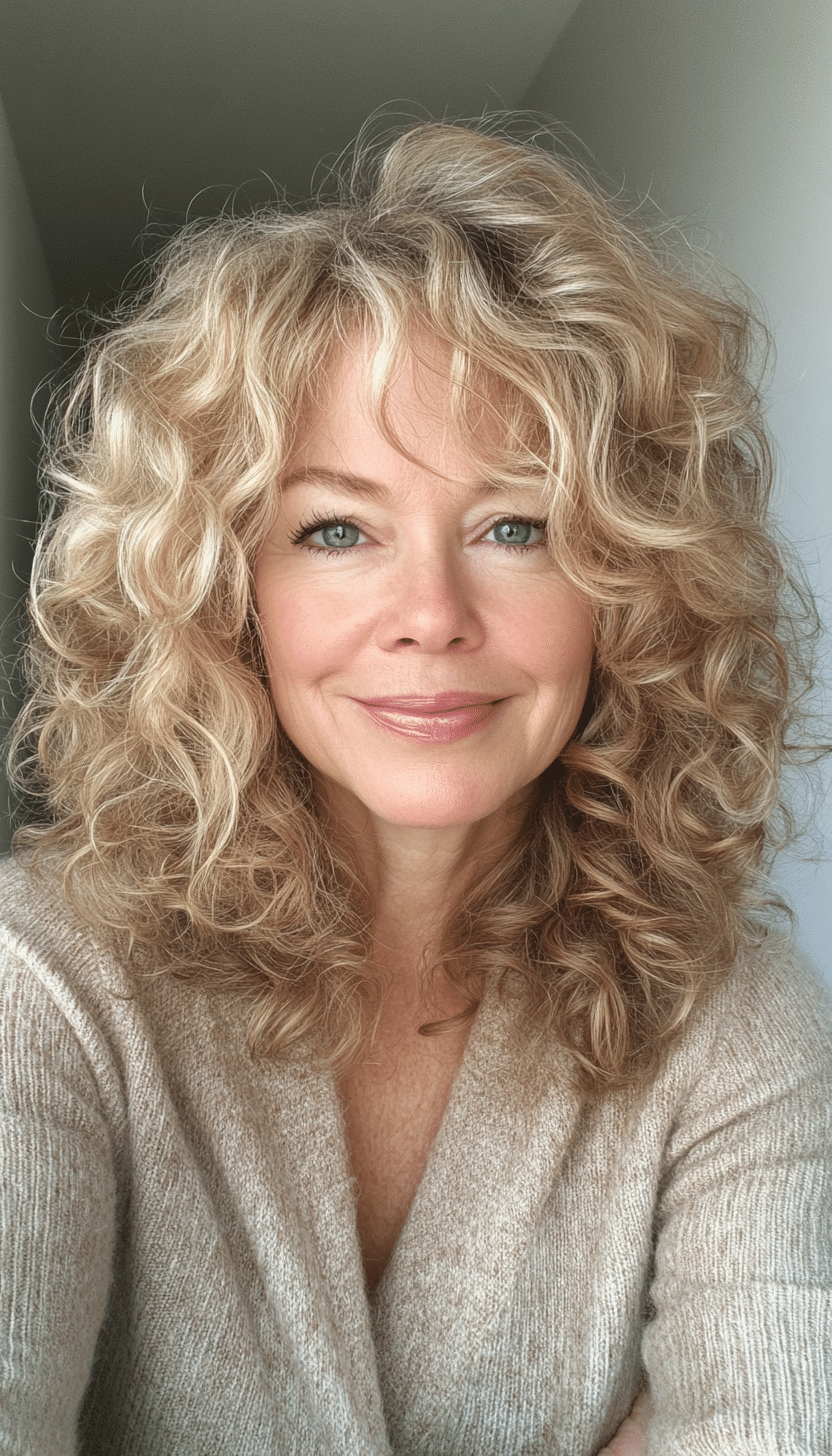 5. Classic Curly Shag in Golden Blonde (Curly Hairstyles For Women Over 50) - Curly Hairstyles For Women Over 50