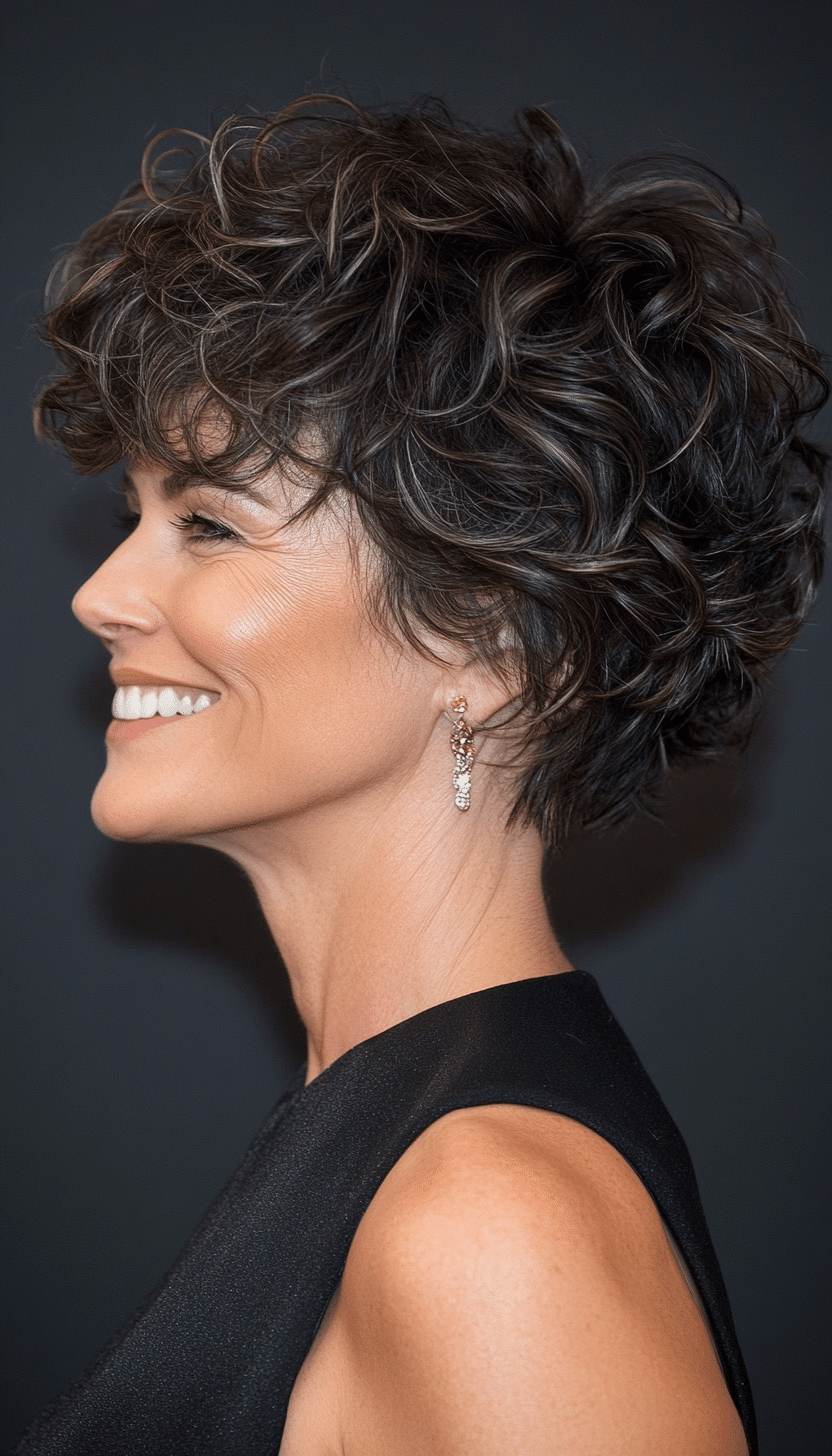 10. Feathered Curly Pixie in Dark Ash Brown (Curly Hairstyles For Women Over 50) - Curly Hairstyles For Women Over 50