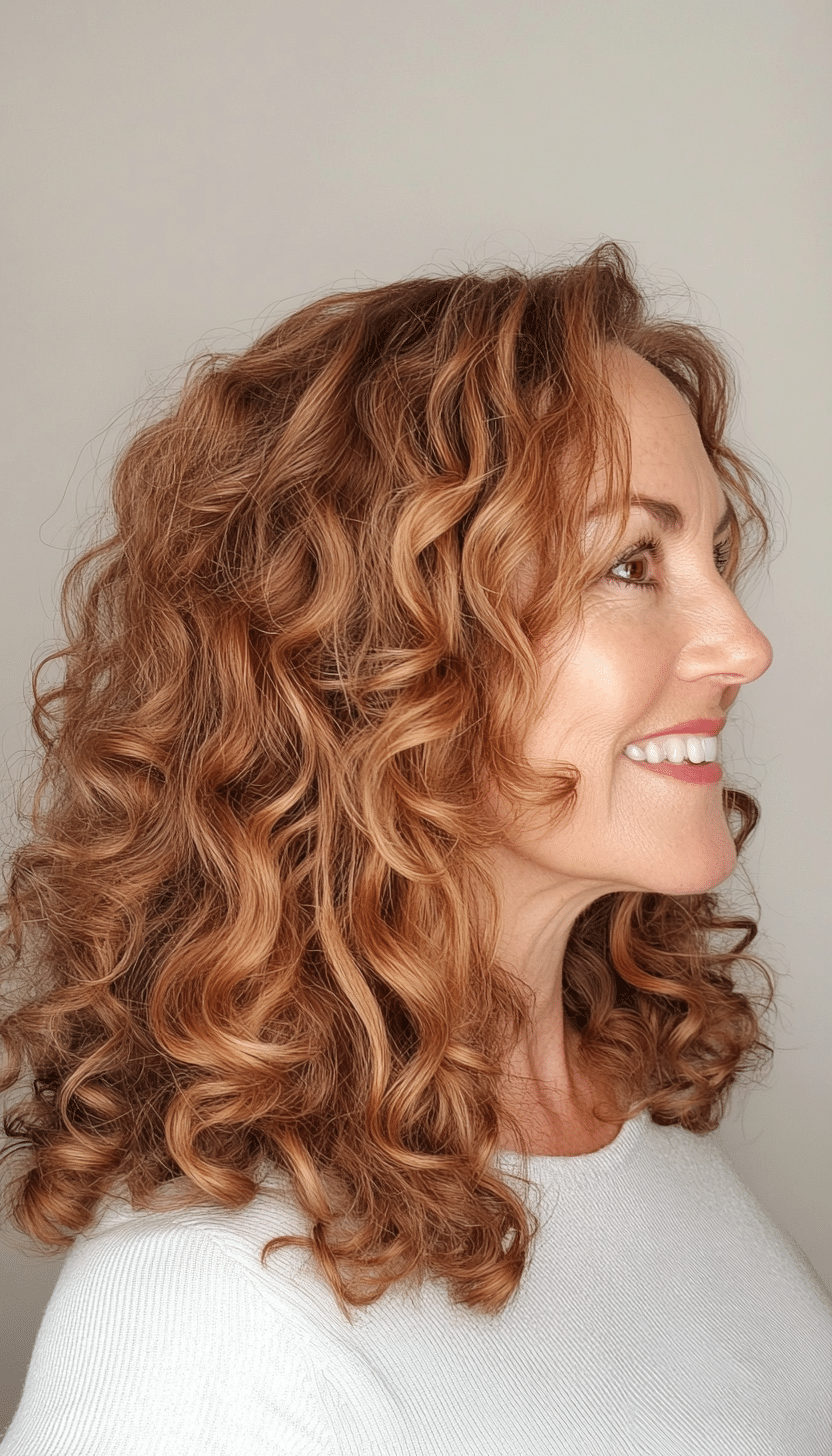 13. Mid-Length Curly Cut with Wispy Bangs in Light Copper Brown (Curly Hairstyles For Women Over 50) - Curly Hairstyles For Women Over 50