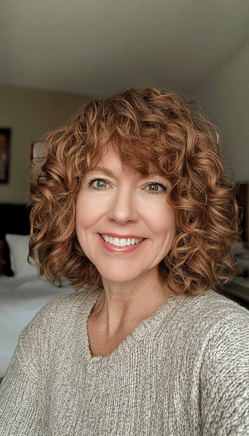 18. Curly Bob with Curtain Bangs in Light Warm Brown (Curly Hairstyles For Women Over 50) - Curly Hairstyles For Women Over 50