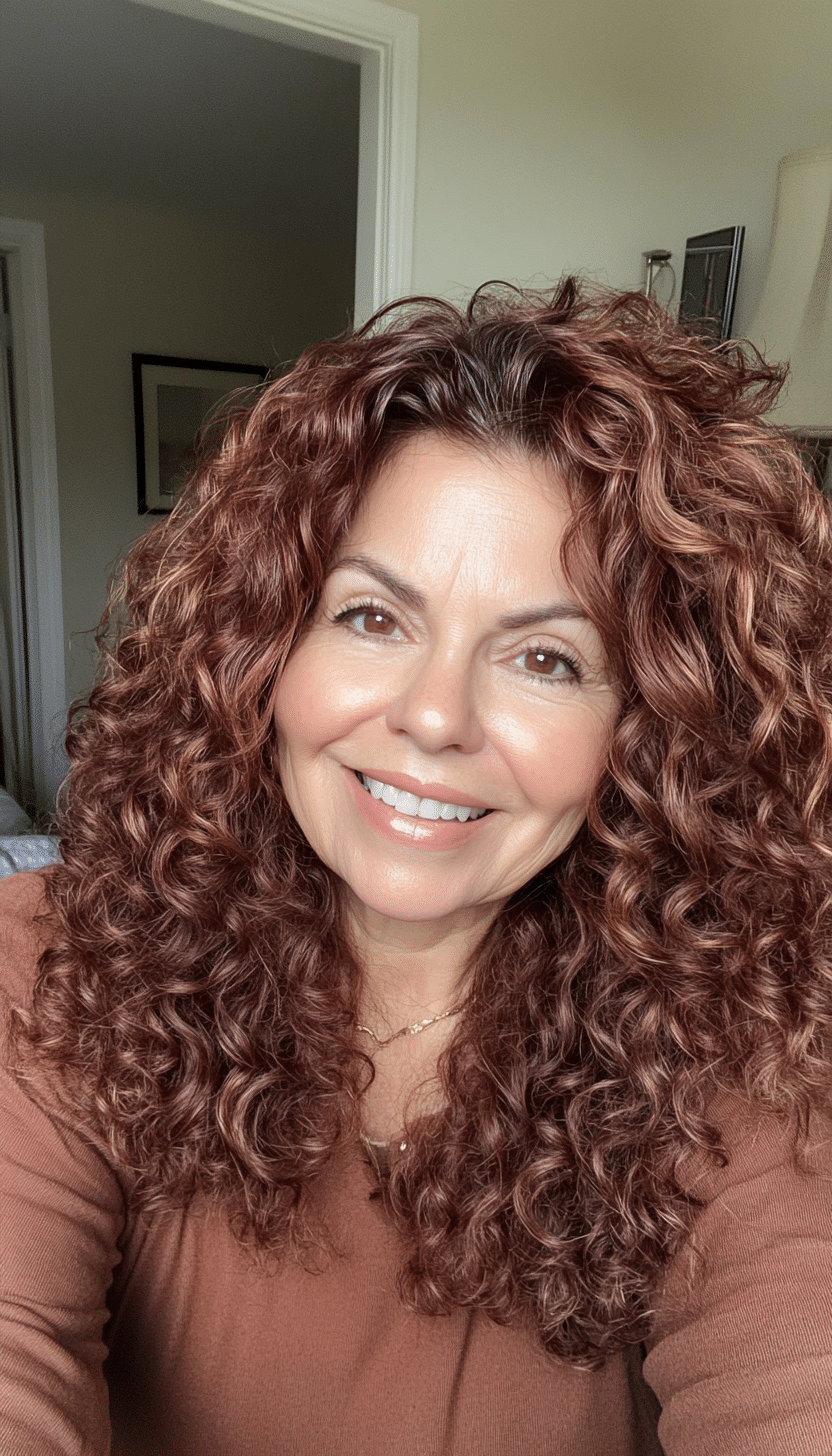 19. Elongated Curls with Subtle Layers in Soft Mahogany (Curly Hairstyles For Women Over 50) - Curly Hairstyles For Women Over 50