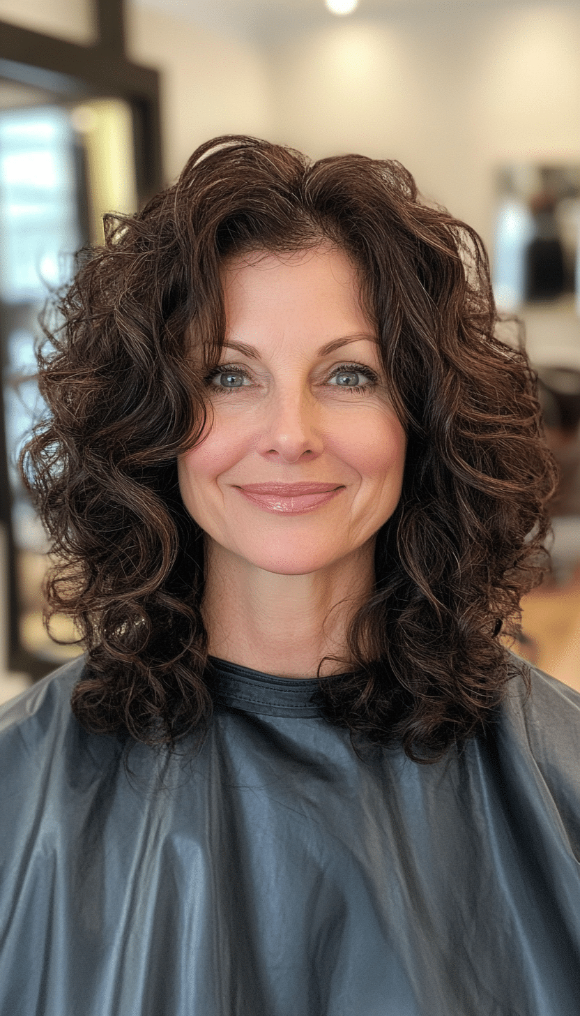 26. Long Layered Curly Cut in Warm Cocoa Brown (Curly Hairstyles For Women Over 50) - Curly Hairstyles For Women Over 50