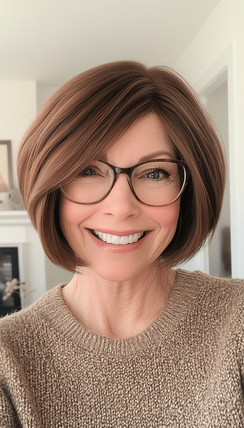 1. Soft Layered Bob in Warm Chestnut Brown (Short Hairstyles For Older Women With Glasses) - Short Hairstyles For Older Women With Glasses