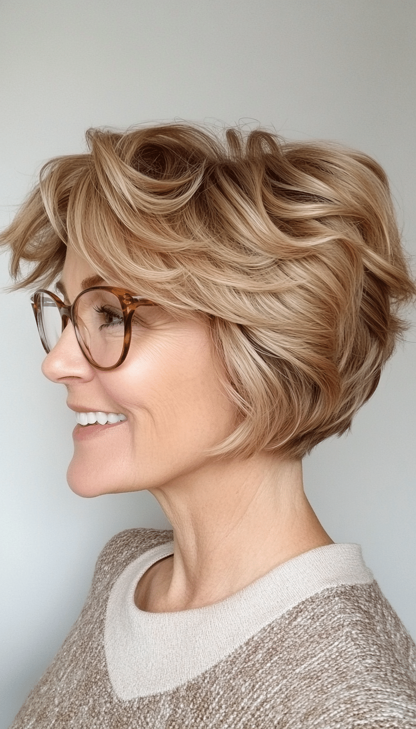 6. Wavy Pixie Bob in Golden Honey Blonde (Short Hairstyles For Older Women With Glasses) - Short Hairstyles For Older Women With Glasses