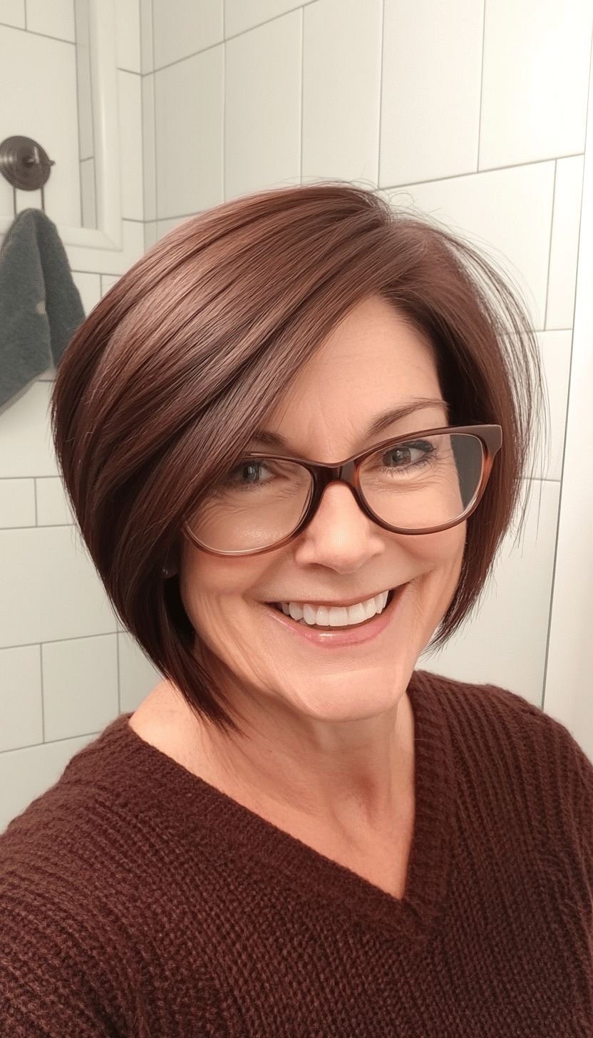 7. Asymmetrical Bob in Dark Mahogany Brown (Short Hairstyles For Older Women With Glasses) - Short Hairstyles For Older Women With Glasses