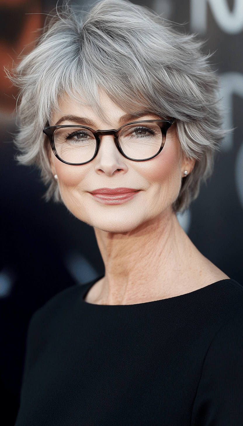 8. Short Shag in Natural Salt-and-Pepper (Short Hairstyles For Older Women With Glasses) - Short Hairstyles For Older Women With Glasses