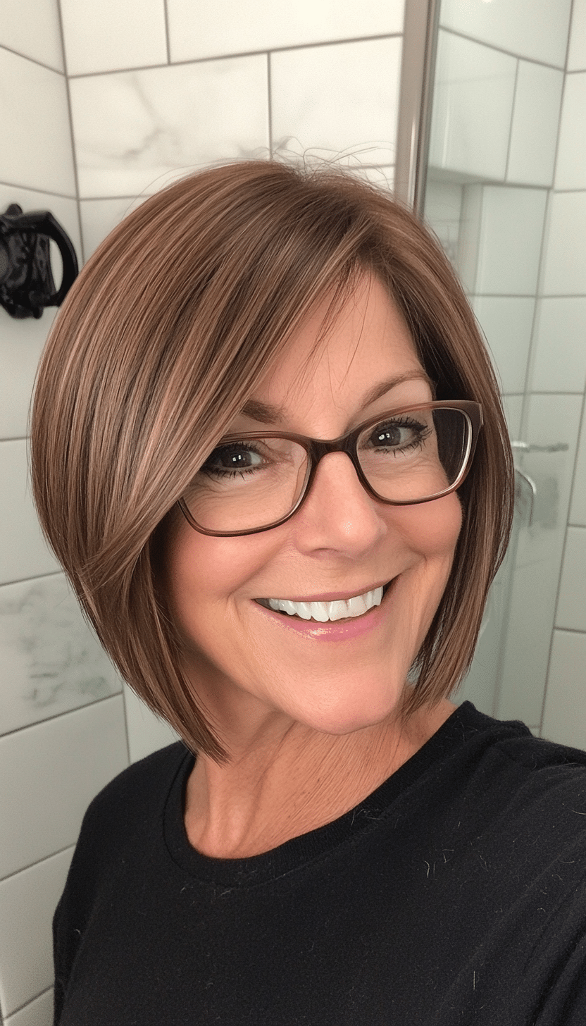 10. Chin-Length Angled Bob in Caramel Brown (Short Hairstyles For Older Women With Glasses) - Short Hairstyles For Older Women With Glasses