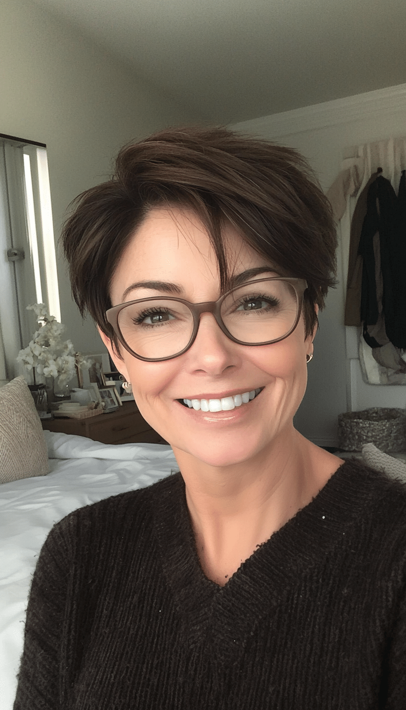 13. Edgy Undercut Pixie in Dark Ash Brown (Short Hairstyles For Older Women With Glasses) - Short Hairstyles For Older Women With Glasses