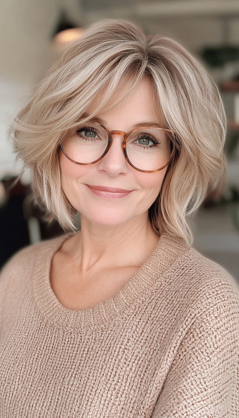 14. Soft Tousled Bob in Warm Honey Blonde (Short Hairstyles For Older Women With Glasses) - Short Hairstyles For Older Women With Glasses