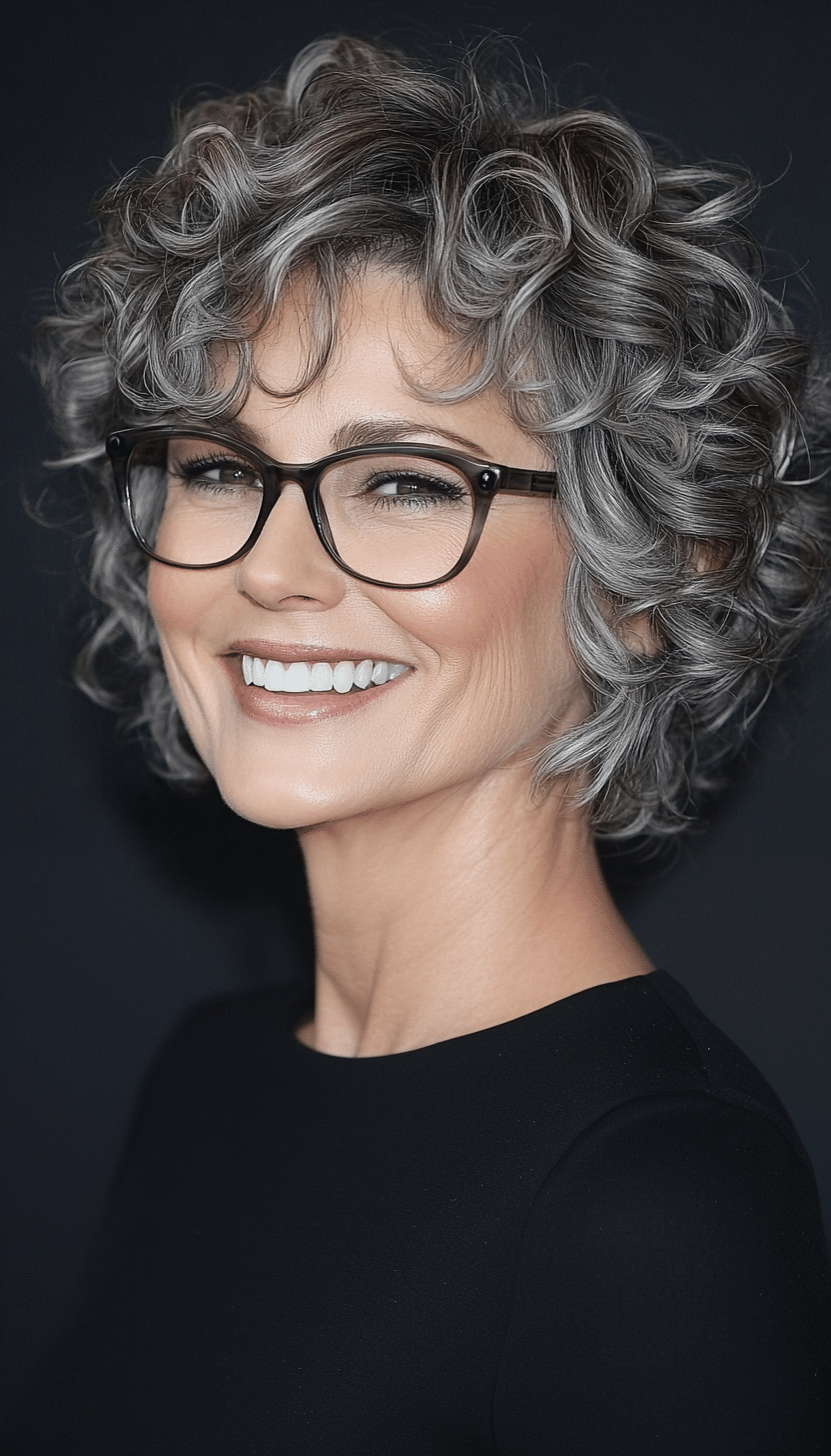15. Cropped Curly Pixie in Charcoal Gray (Short Hairstyles For Older Women With Glasses) - Short Hairstyles For Older Women With Glasses