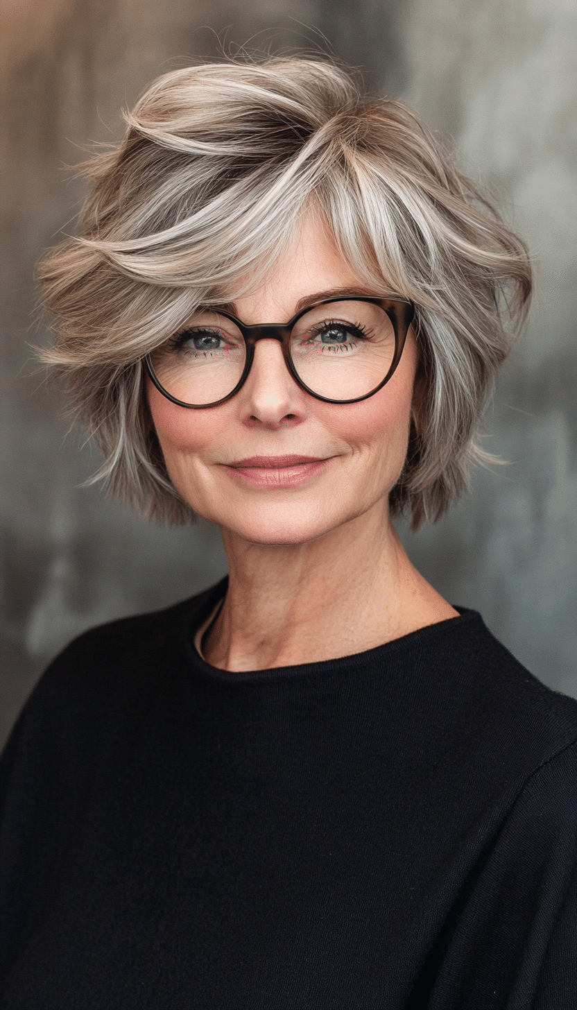 17. Short Modern Shag in Soft Brown with Gray Blending (Short Hairstyles For Older Women With Glasses) - Short Hairstyles For Older Women With Glasses