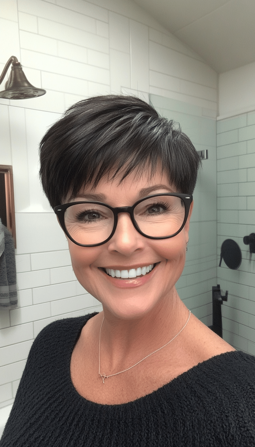 19. Minimalist Pixie in Deep Ebony Black (Short Hairstyles For Older Women With Glasses) - Short Hairstyles For Older Women With Glasses