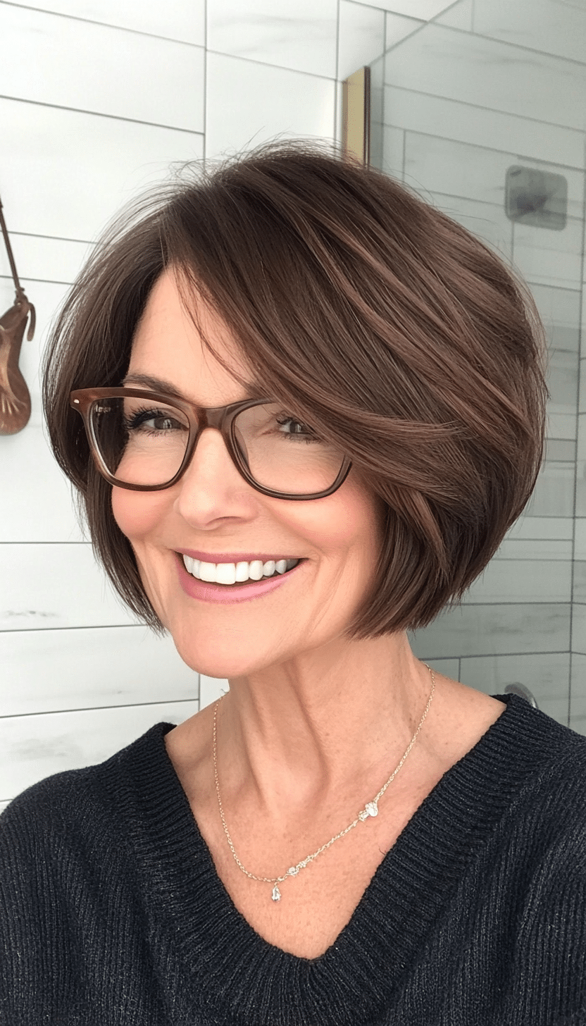 20. Choppy Bob in Dark Chocolate Brown (Short Hairstyles For Older Women With Glasses) - Short Hairstyles For Older Women With Glasses