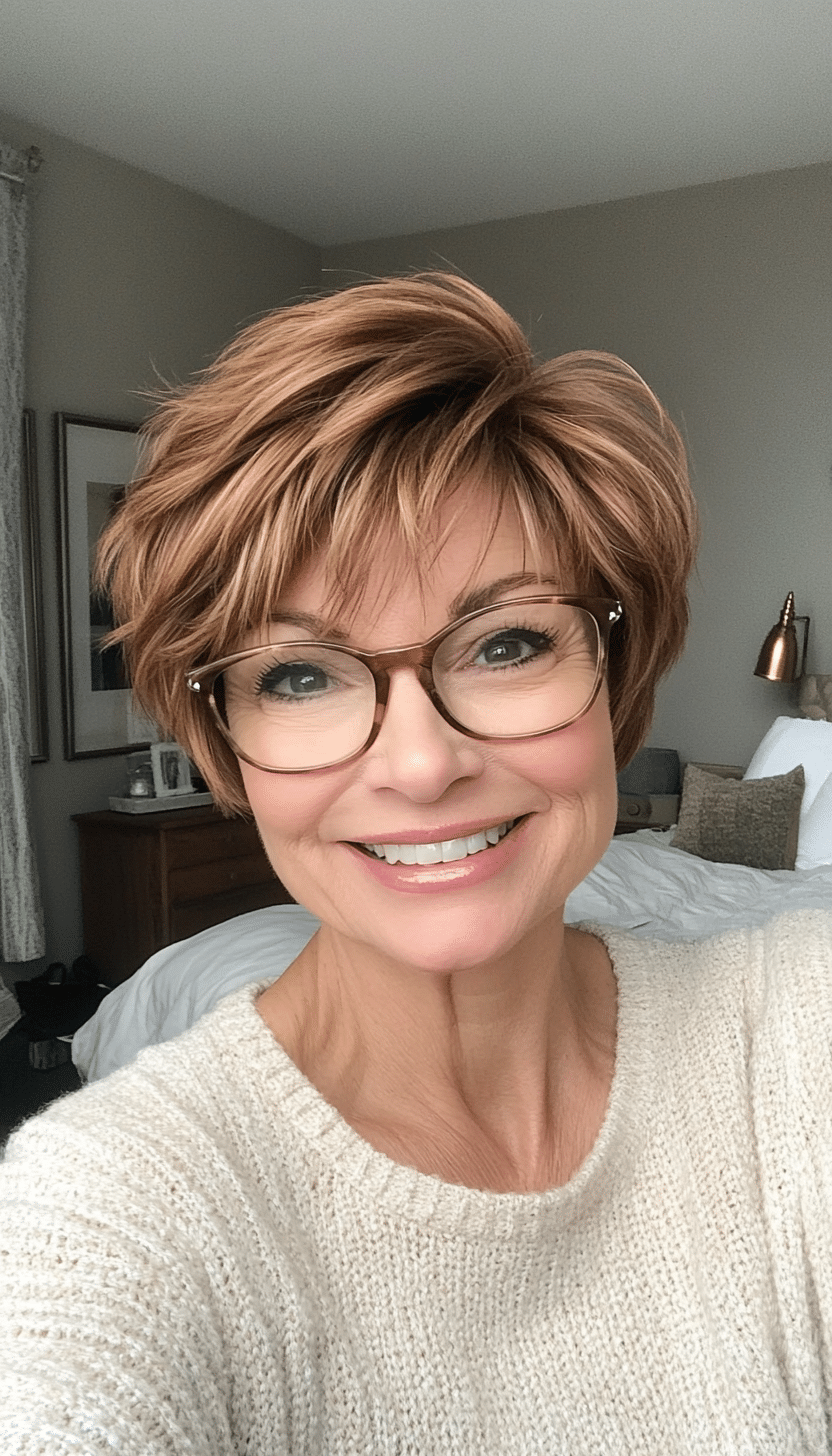 23. Tapered Shag Cut in Golden Brown with Soft Highlights (Short Hairstyles For Older Women With Glasses) - Short Hairstyles For Older Women With Glasses