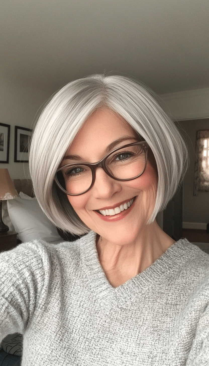 25. Short Layered Bob in Smoky Silver (Short Hairstyles For Older Women With Glasses) - Short Hairstyles For Older Women With Glasses