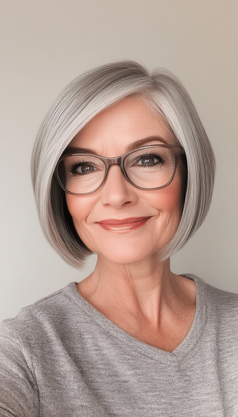 26. Sleek Side-Parted Bob in Light Ash Gray (Short Hairstyles For Older Women With Glasses) - Short Hairstyles For Older Women With Glasses