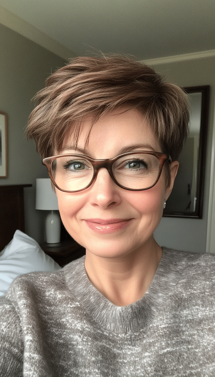 27. Piecey Pixie Cut in Cool Medium Brown (Short Hairstyles For Older Women With Glasses) - Short Hairstyles For Older Women With Glasses