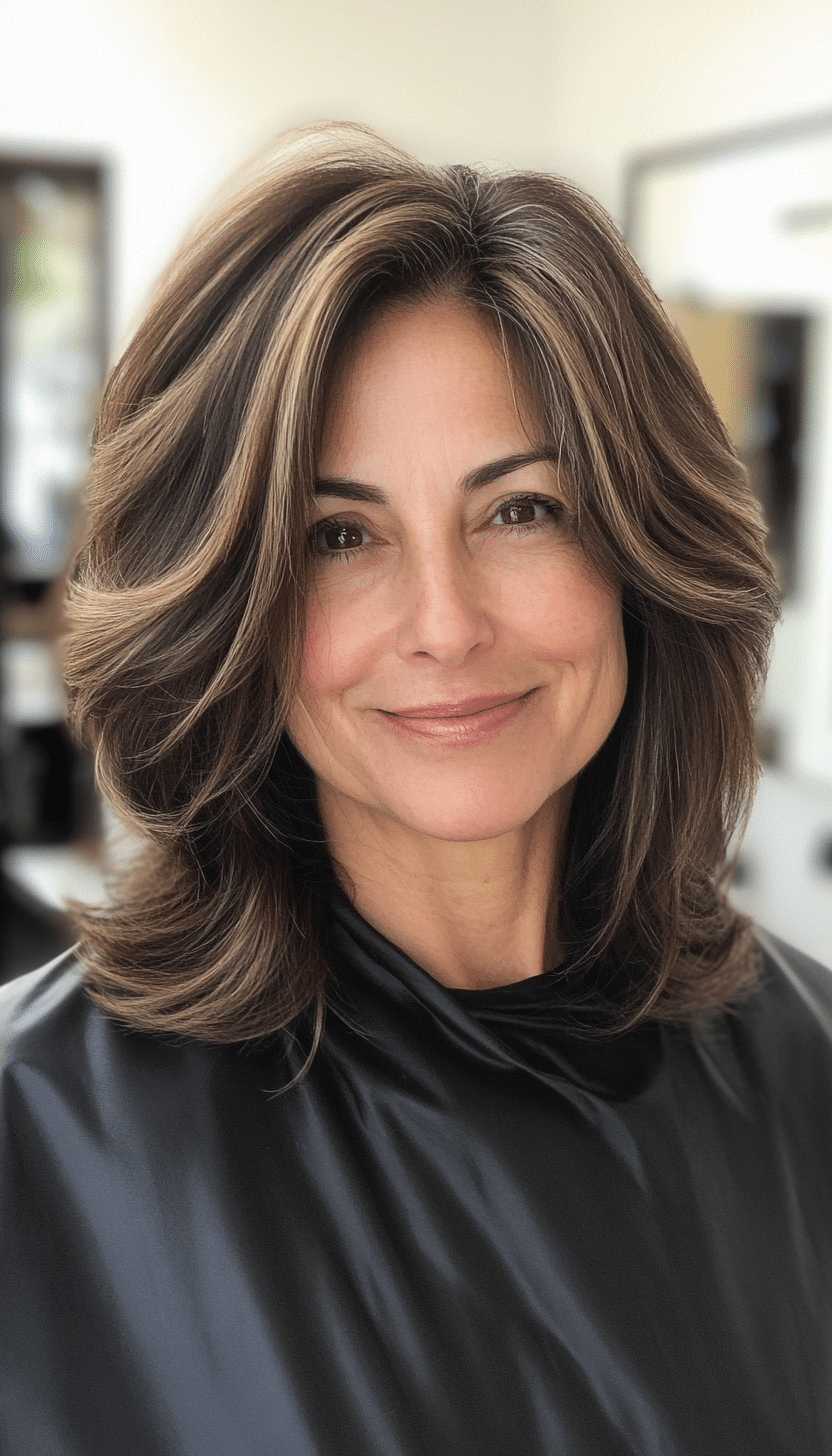 7. Classic Layered Lob in Dark Caramel (Great Hairstyles For Women Over 60) - Great Hairstyles For Women Over 60