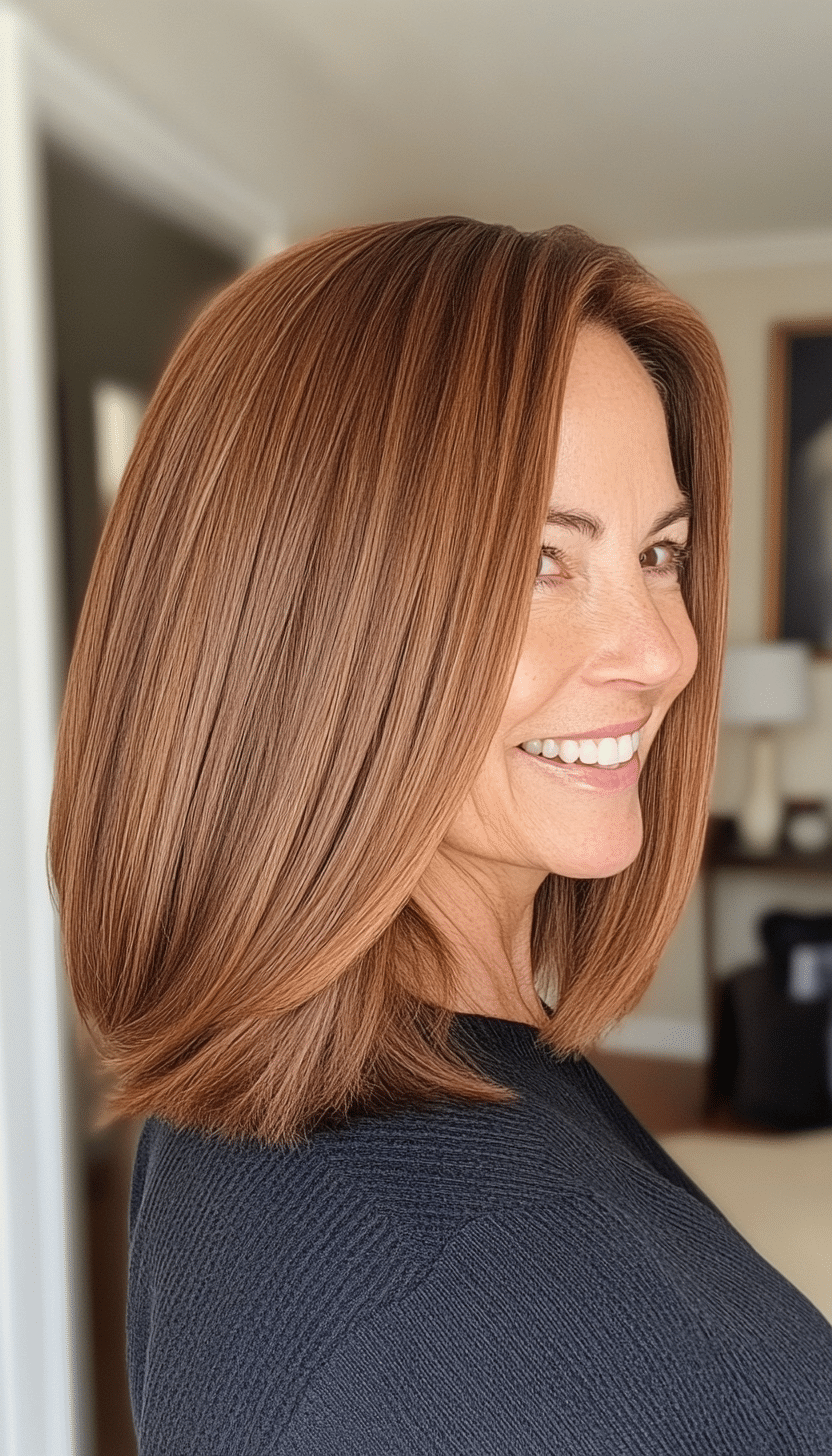 22. Sleek Lob in Warm Honey Brown (Great Hairstyles For Women Over 60) - Great Hairstyles For Women Over 60