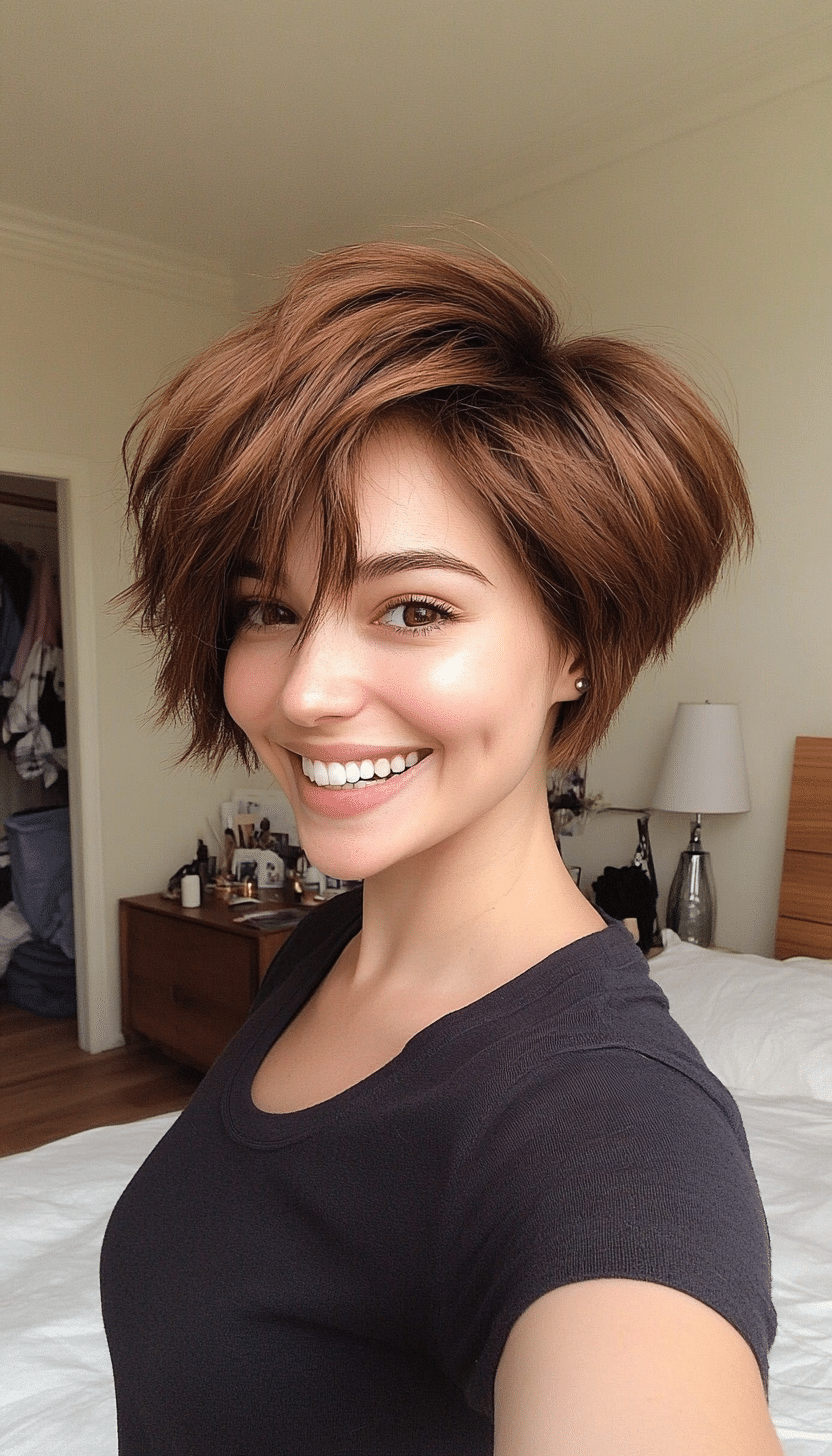 2. Textured Pixie Cut in Chestnut Brown (Short Hairstyles For Thick Hair) - Short Hairstyles For Thick Hair