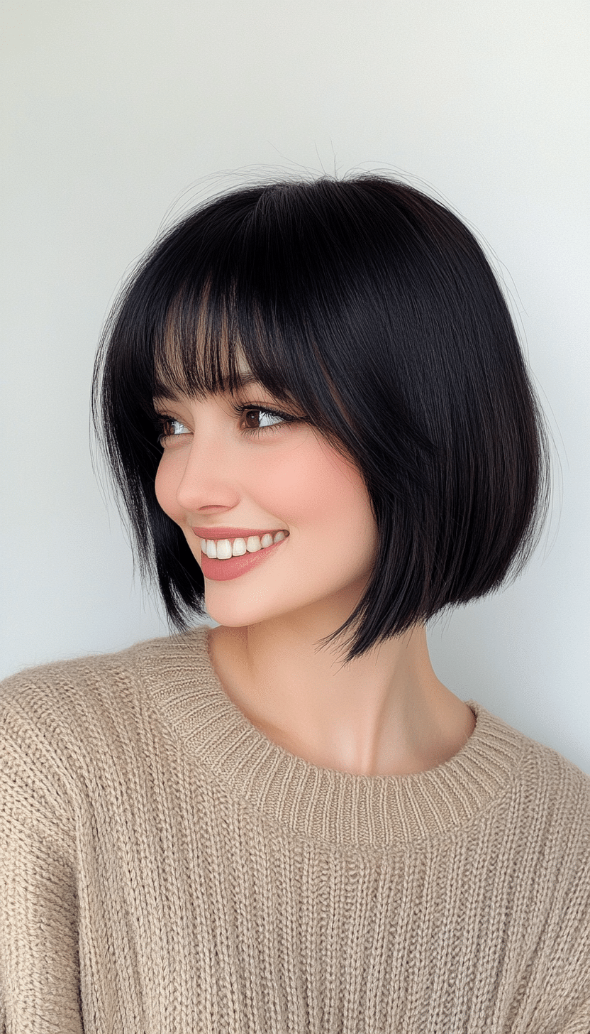 8. Rounded Bob with Bangs in Jet Black (Short Hairstyles For Thick Hair) - Short Hairstyles For Thick Hair