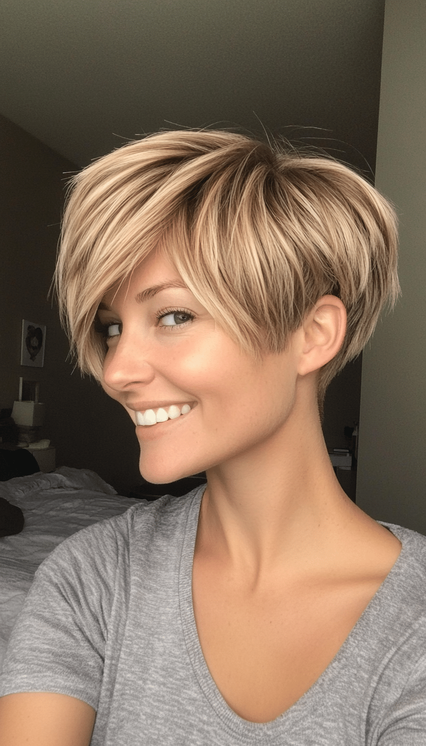 10. Layered Pixie with Side Bangs in Sandy Blonde (Short Hairstyles For Thick Hair) - Short Hairstyles For Thick Hair