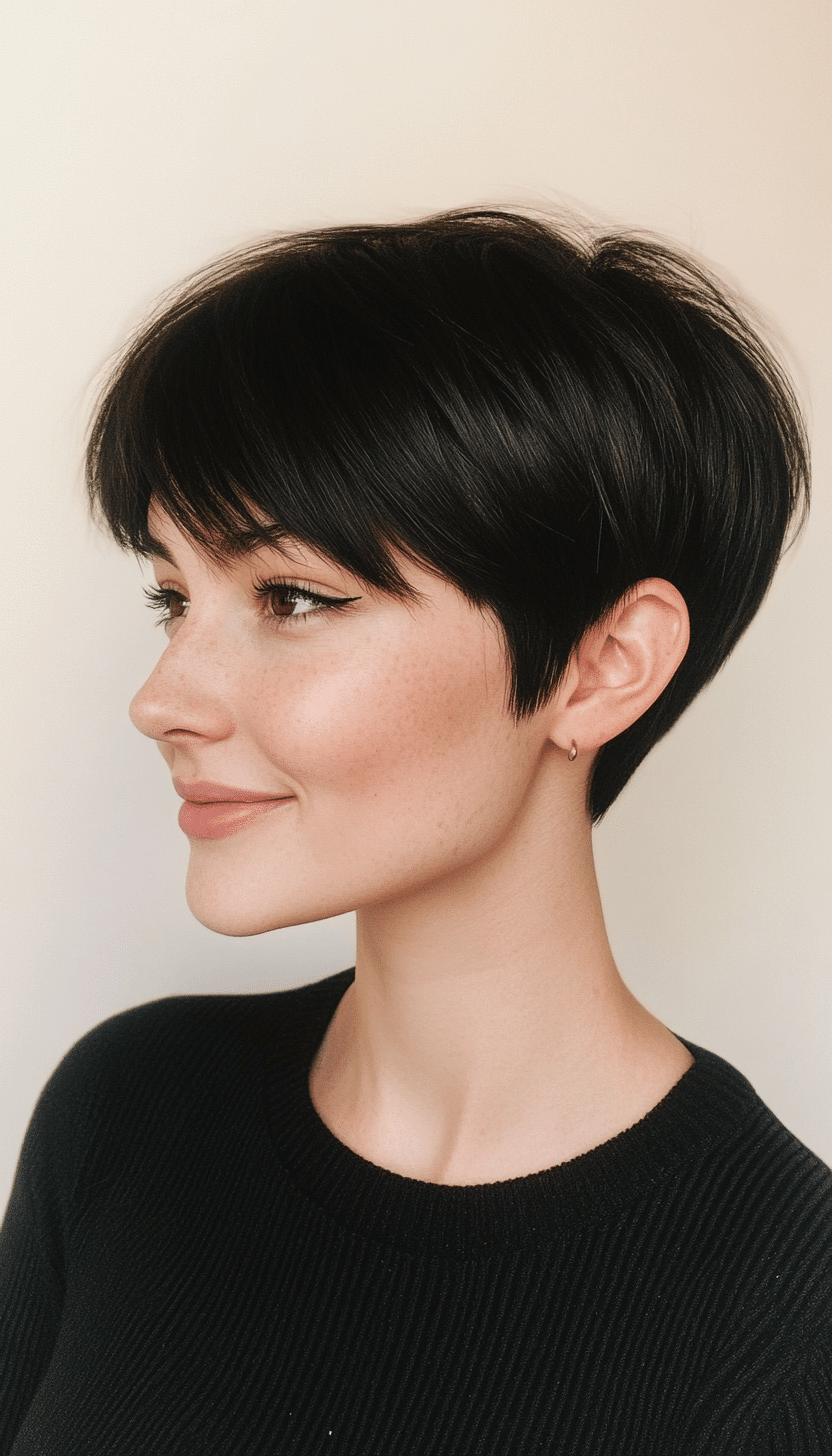 14. Blunt Crop with Fringe in Natural Black (Short Hairstyles For Thick Hair) - Short Hairstyles For Thick Hair