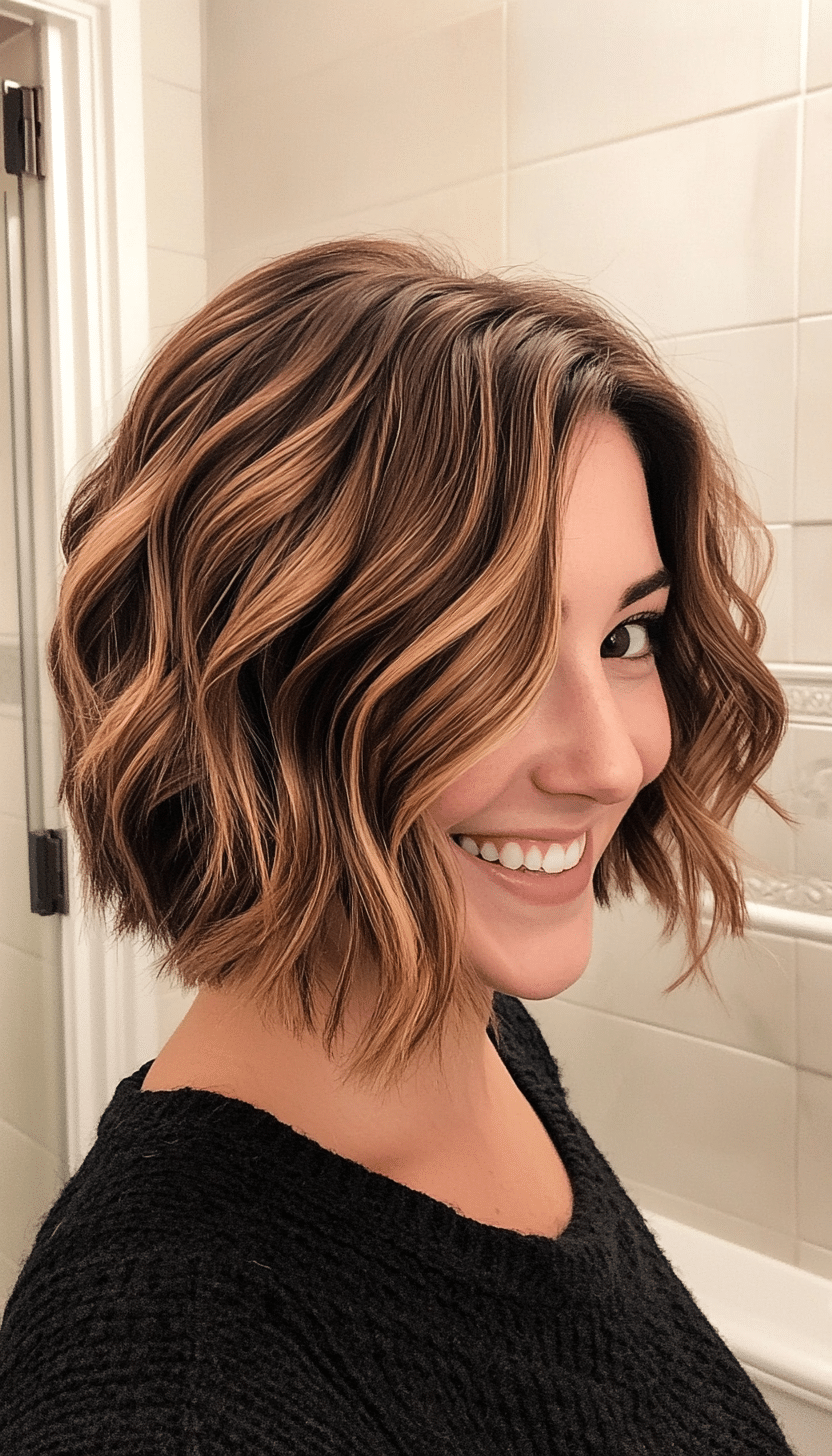 17. Wavy Bob with Layers in Caramel Brown (Short Hairstyles For Thick Hair) - Short Hairstyles For Thick Hair
